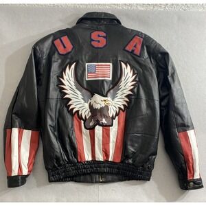 1980s Oscar Piel Men's Large Genuine Leather USA American Flag Eagle Jacket Vtg